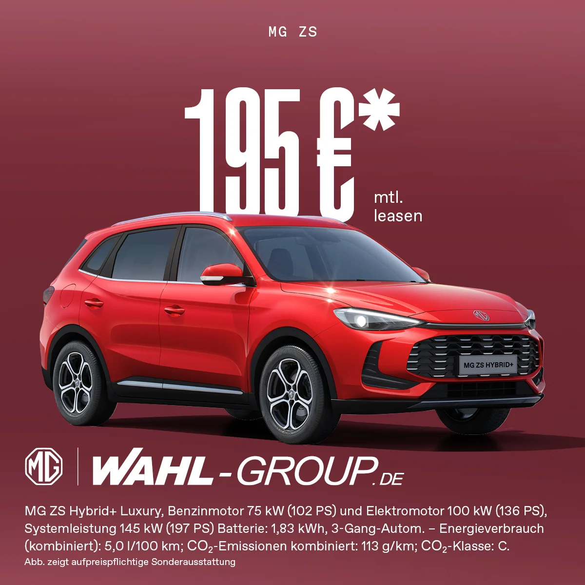 Roter MG ZS Hybrid+ SUV im Leasing ab 195 Euro monatlich bei der Wahl-Group – effizientes Hybridfahrzeug mit 197 PS, 5,0 l/100 km Verbrauch und moderner Ausstattung.