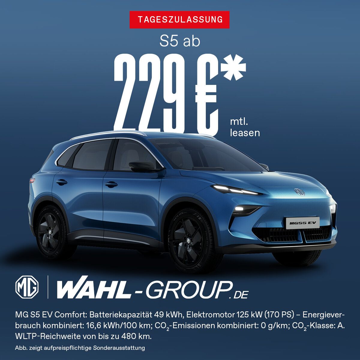Blauer MG S5 EV Comfort Elektro-SUV mit 49 kWh Batterie im Leasing ab 229 Euro monatlich bei der Wahl-Group – 170 PS Leistung, 480 km Reichweite und 0 g/km CO₂-Emissionen.