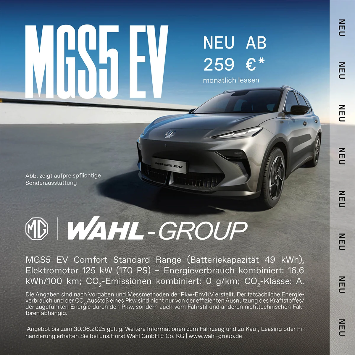 MG5 EV Leasingangebot bei der Wahl-Group MG5 EV Elektroauto in Grau auf Straße, Leasingangebot ab 259 Euro monatlich von der Wahl-Group, technische Daten und CO₂-Klasse A.