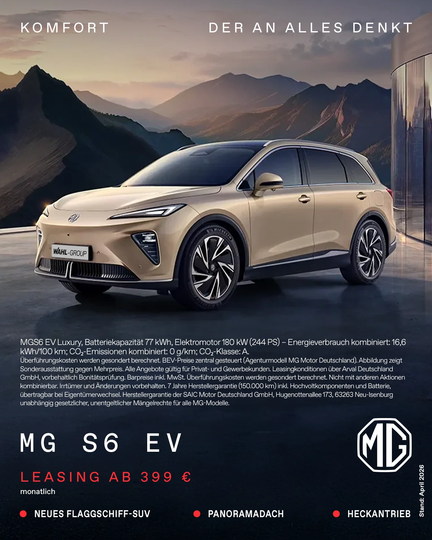 MGS6 EV Luxury – Leasingangebot für Privatkunden 399 EUR mtl. beim Autohaus Wahl