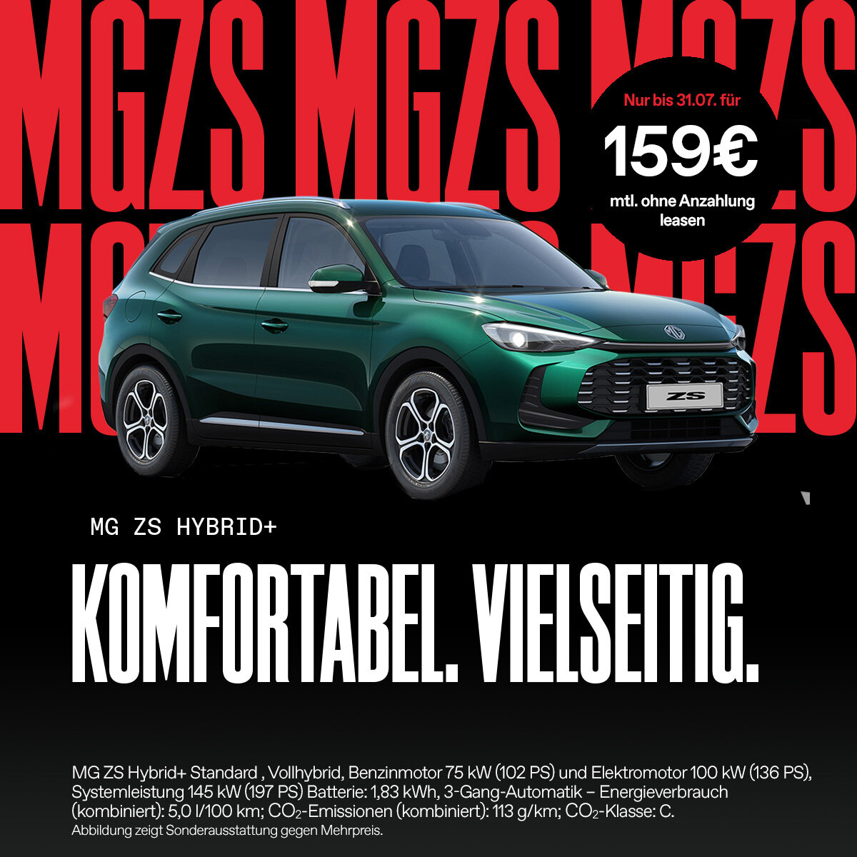 MG ZS Hybrid+ Standard – Komfortabel und vielseitig leasen bei der Wahl-Group MG ZS Hybrid+ Standard Leasingangebot bei der Wahl-Group – komfortables SUV mit Hybridantrieb ohne Anzahlung