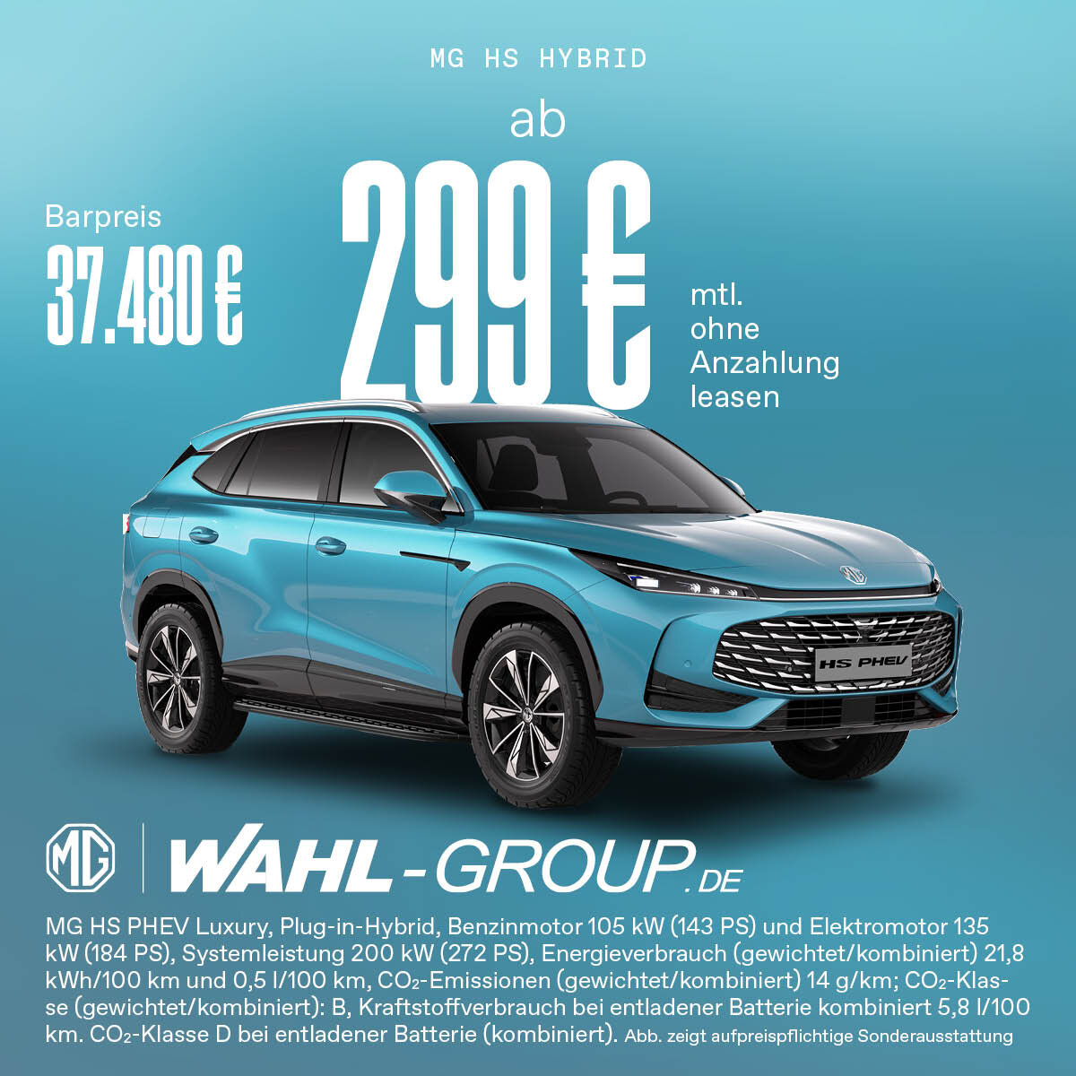 MG HS Plug-in Hybrid ab 299 € leasen – Wahl-Group Angebot für Privatkunden MG HS PHEV in Blau – Plug-in Hybrid Leasingangebot ab 299 € monatlich bei der Wahl-Group