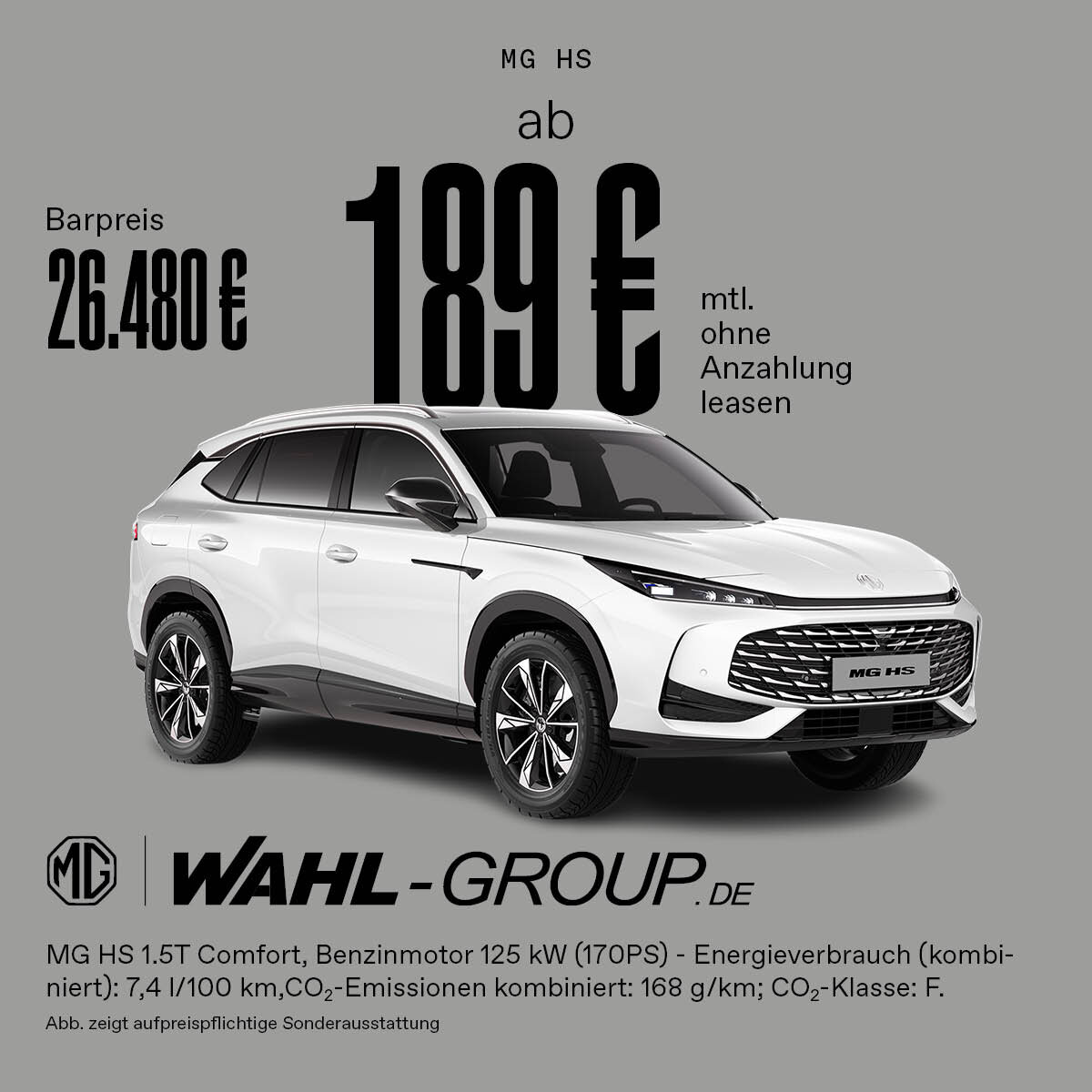 MG HS Comfort ab 189 € monatlich leasen – Wahl-Group Privatkundenangebot Weißer MG HS Comfort – günstiges Leasingangebot für Privatkunden bei der Wahl-Group
