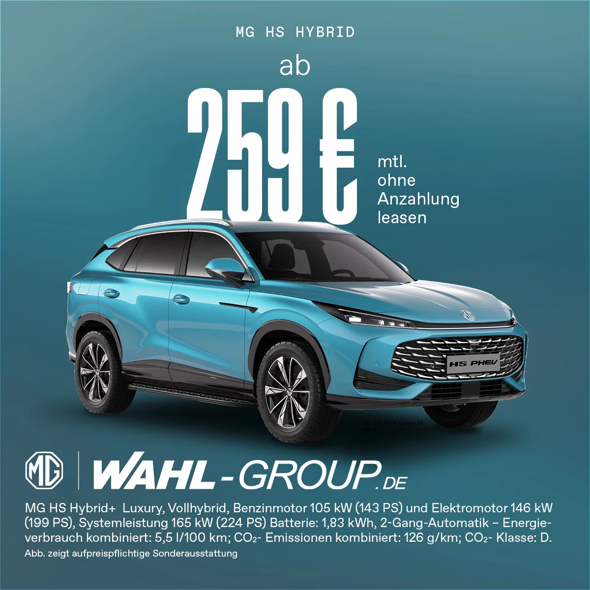 MG HS Hybrid+ leasen ab 259 € monatlich ohne Anzahlung | Wahl-Group MG HS Hybrid+ SUV Leasingangebot ab 259 € mtl. ohne Anzahlung bei der Wahl-Group – Hybrid Auto mit 224 PS