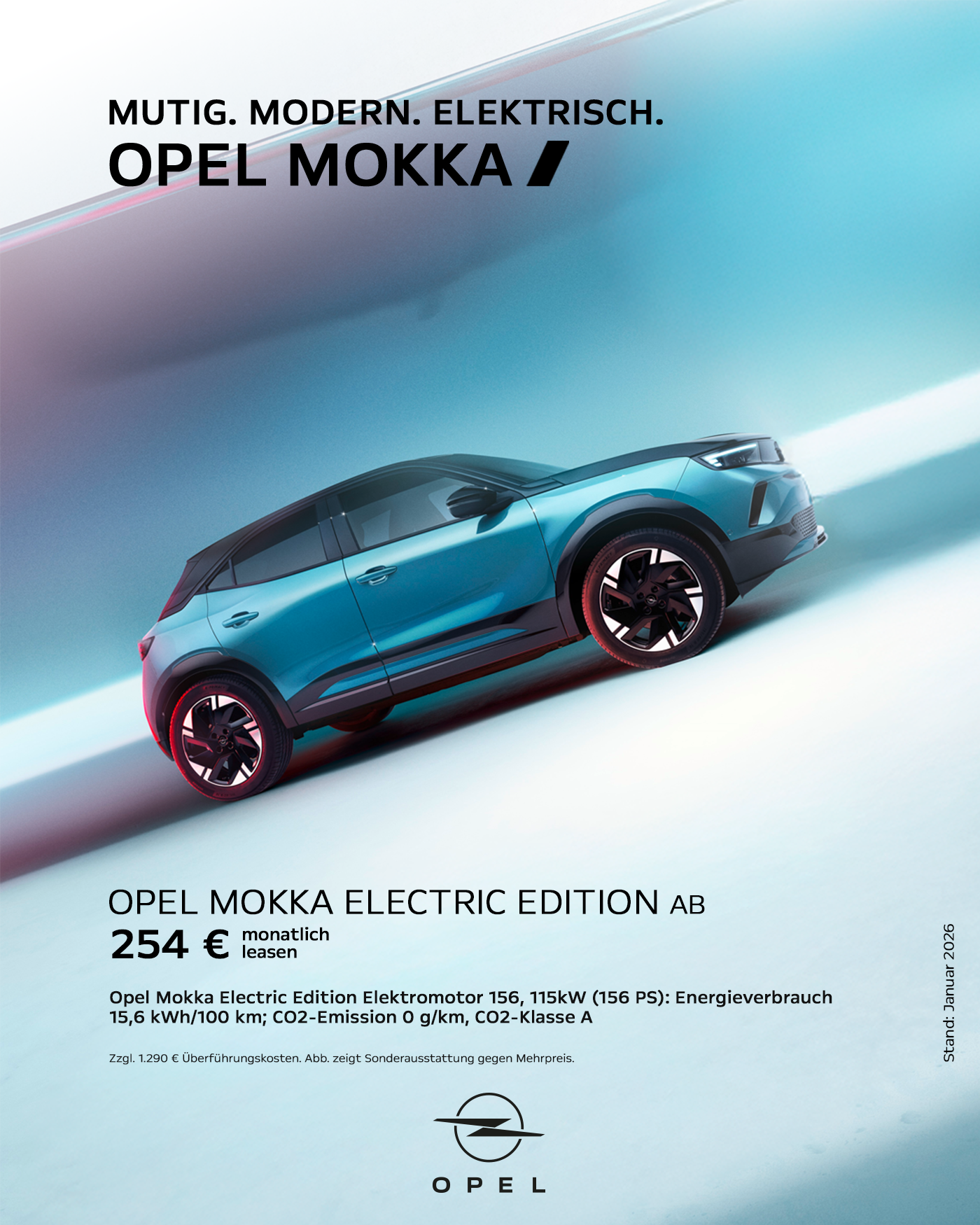 Opel Mokka Electric in Türkis, elektrisches SUV mit sportlichem Design, Leasingangebot der Wahl-Group