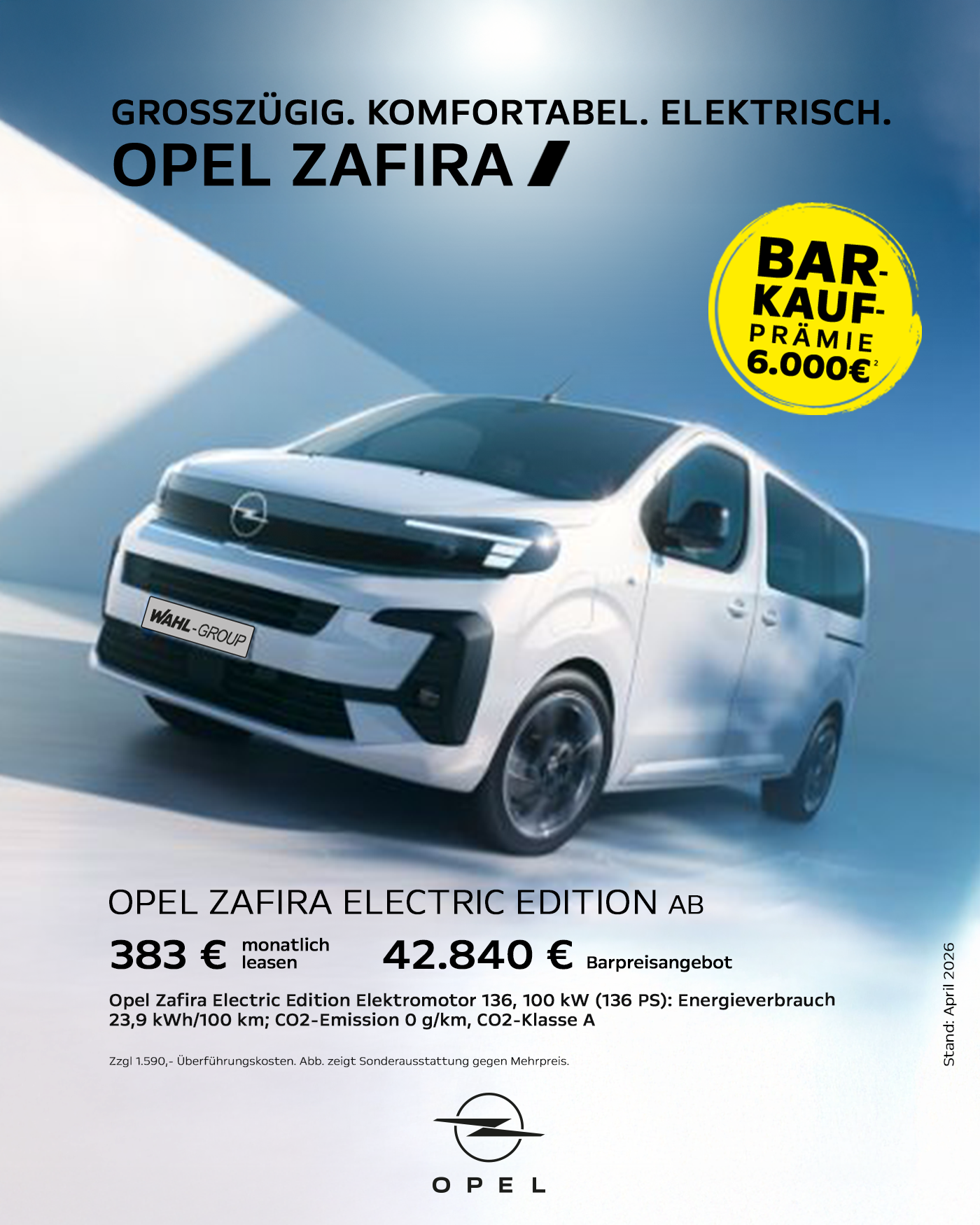 Opel Zafira Electric Leasingangebot für Privatkunden | Wahl-Group