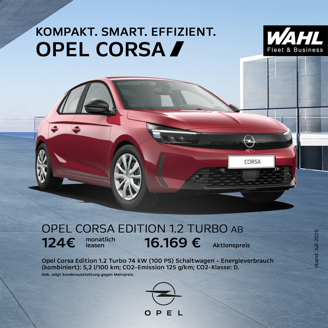 Opel Corsa Edition 1.2 Turbo – Gewerbeleasing ab 124 € mtl. bei der Wahl-Group sichern Roter Opel Corsa Edition 1.2 Turbo – günstiges Gewerbeleasing-Angebot ab 124 € bei der Wahl-Group