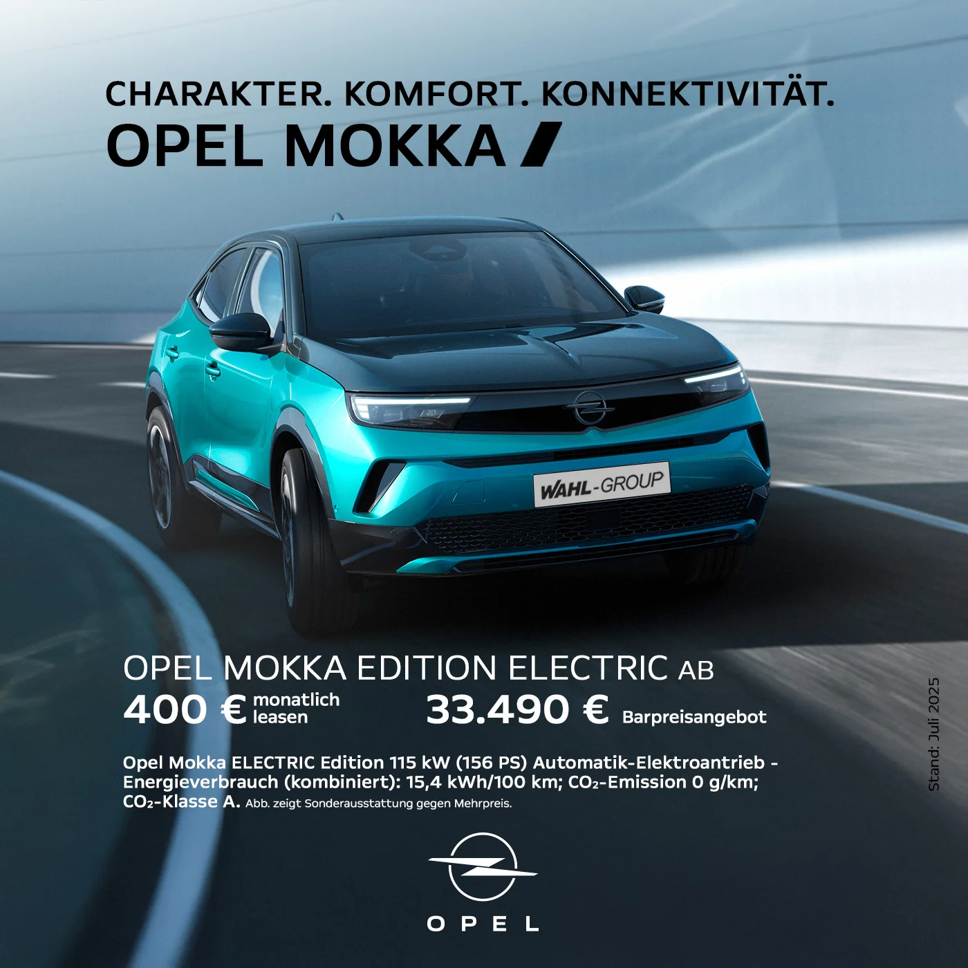 Opel Mokka Electric Edition – Kompakter E-SUV mit Charakter | Wahl-Group Türkisfarbener Opel Mokka Electric auf kurviger Straße mit Angebot für Privatkunden – Wahl-Group
