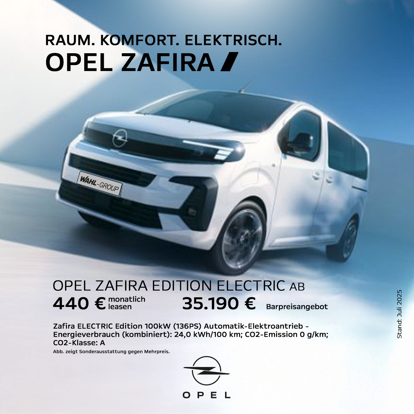 Opel Zafira Edition Electric – Geräumig, komfortabel, emissionsfrei | Wahl-Group Weißer Opel Zafira Electric in moderner Kulisse mit Leasing- und Barpreisangebot – Wahl-Group