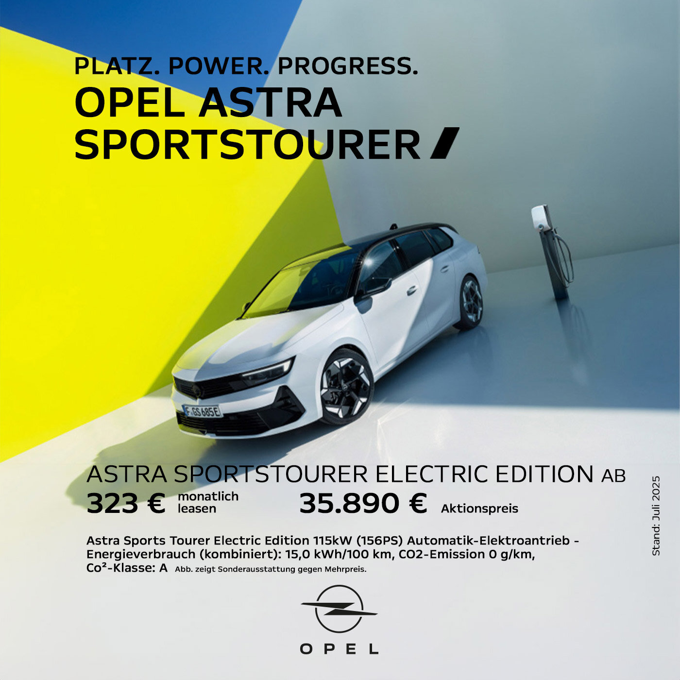 Opel Astra Sportstourer Electric – Leasingangebot für Privatkunden Weißer Opel Astra Sportstourer Electric lädt an Ladesäule vor farbenfroher Wand – Leasingangebot für Privatkunden
