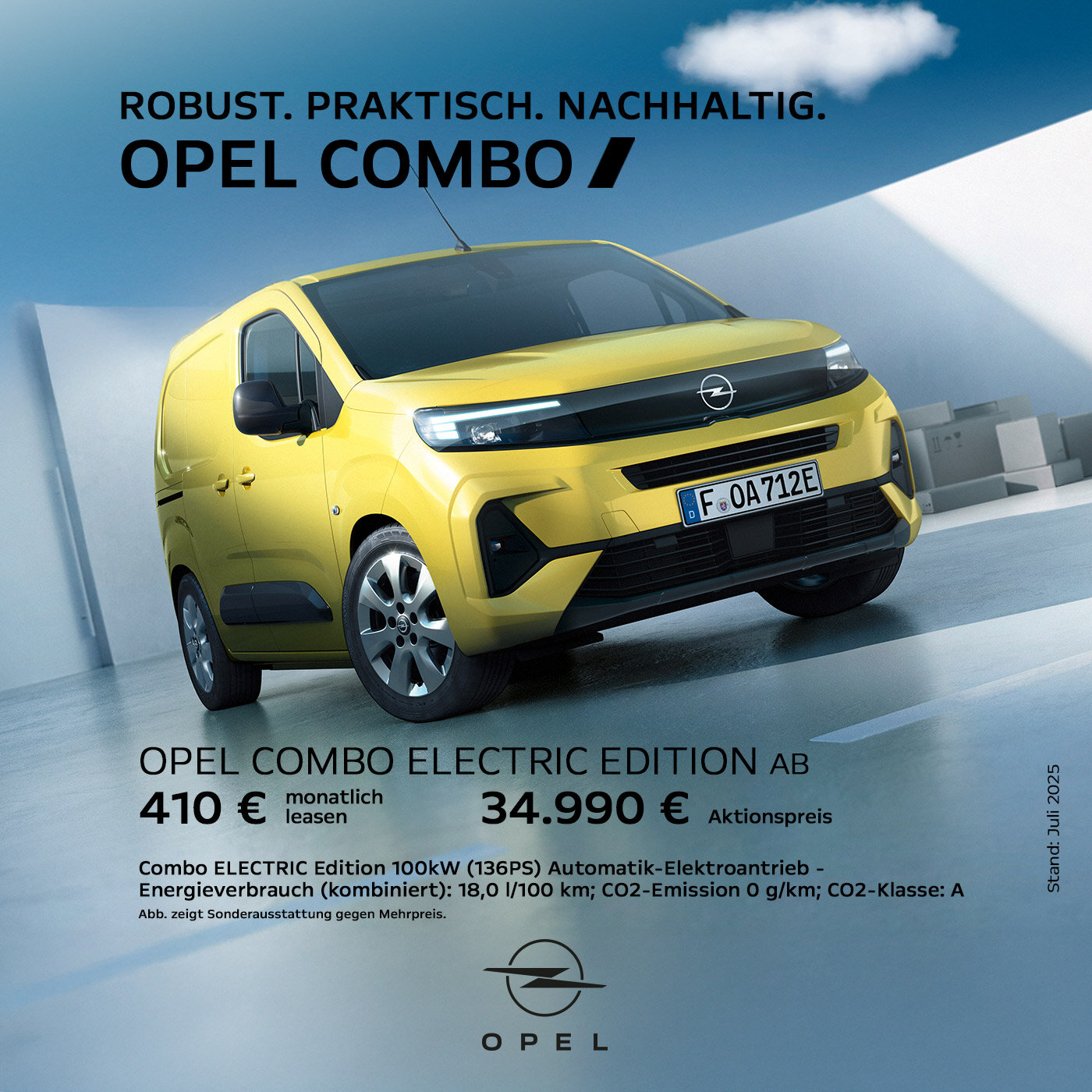 Opel Combo Electric Edition – Leasingangebot für Privatkunden Gelber Opel Combo Electric vor moderner Halle mit Paketen – Leasingangebot für Privatkunden