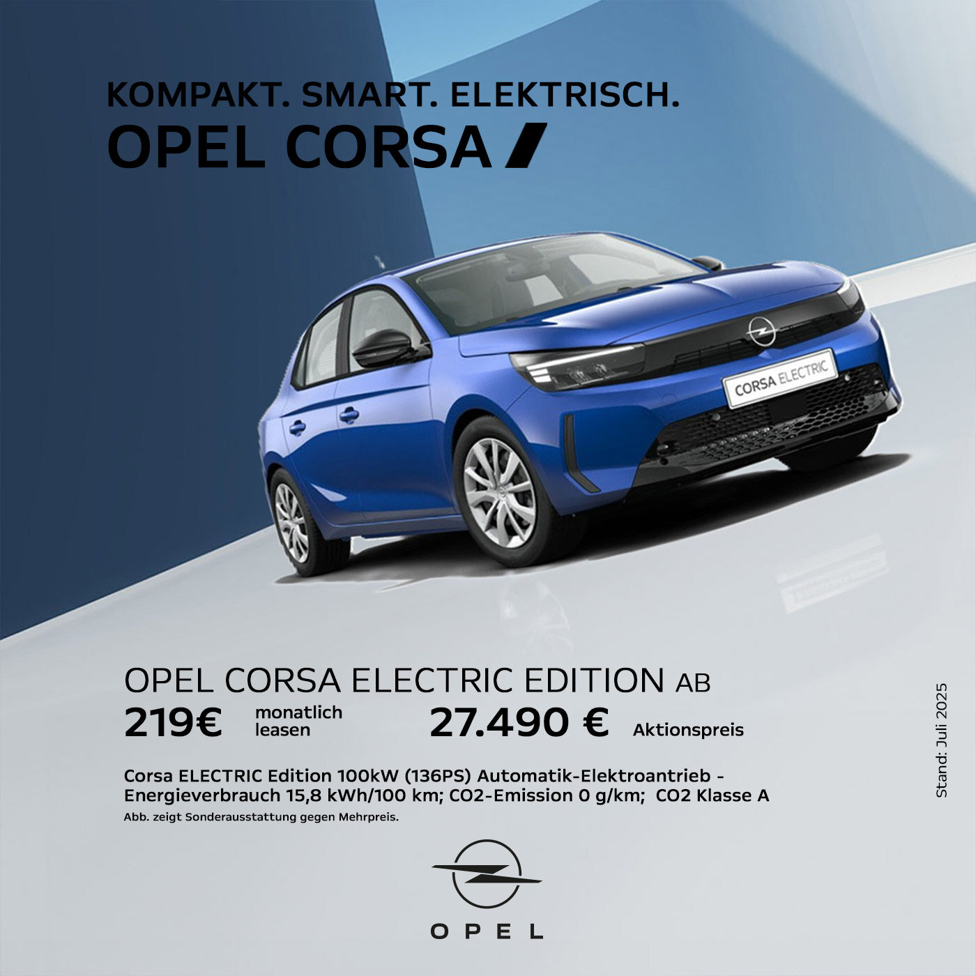 Opel Corsa Electric Edition – Leasingangebot für Privatkunden Blauer Opel Corsa Electric steht vor geometrischer Architektur – Leasingangebot für Privatkunden