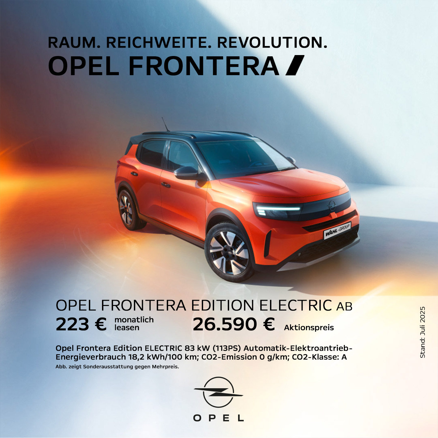 Opel Frontera Edition Electric – Leasingangebot für Privatkunden Roter Opel Frontera Electric SUV in leuchtender Szene mit Sonnenlicht – Leasingangebot für Privatkunden