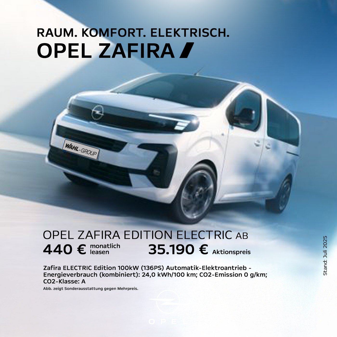 Opel Zafira Edition Electric – Leasingangebot für Privatkunden Weißer Opel Zafira Electric fährt durch futuristische Umgebung – Leasingangebot für Privatkunden