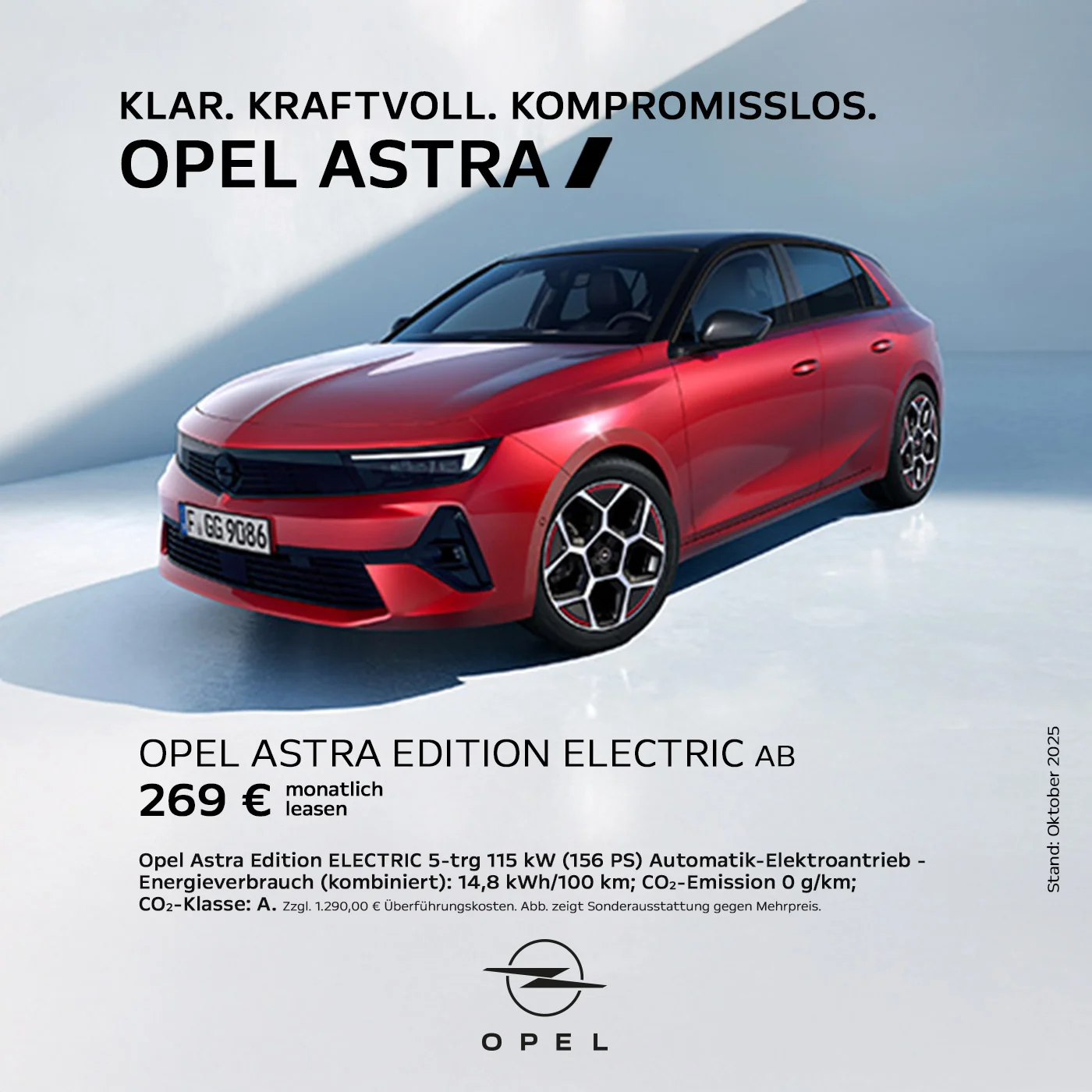 Opel Astra Electric Leasing ab 269 € monatlich bei der Wahl-Group – 156 PS Elektroauto, CO₂-Emission 0 g/km