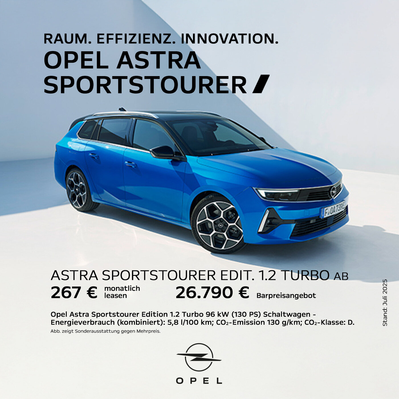 Opel Astra SportsTourer – Raumwunder mit Turbo-Power Blauer Opel Astra SportsTourer Edition in Seitenansicht mit Leasing- und Kaufpreisangebot