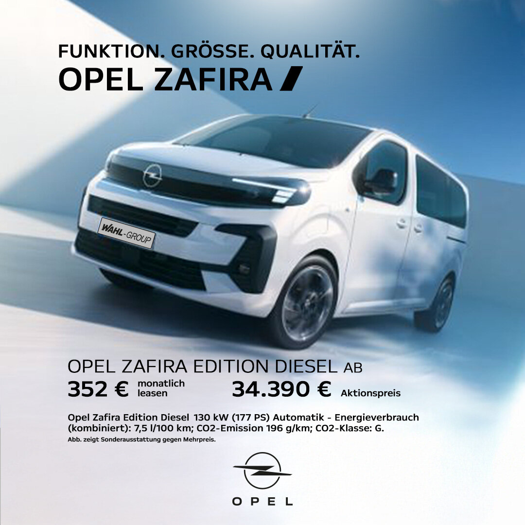 Opel Zafira Edition Diesel – ab 352 €/Monat leasen oder für 34.390 € kaufen Weißer Opel Zafira Edition Diesel 130 kW (177 PS), Frontansicht in Bewegung, Leasing ab 352 € monatlich oder Aktionspreis 34.390 €, Wahl-Group Angebot.