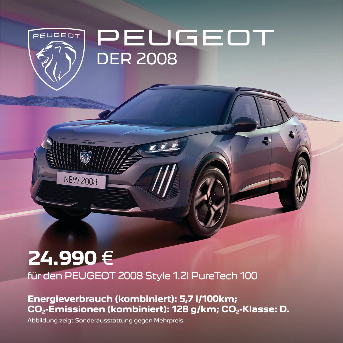 PEUGEOT 2008 Style PureTech – Kompakter City-SUV ab 24.990 € | Wahl-Group PEUGEOT 2008 Style 1.2 PureTech in Dunkelgrau vor stylishem Hintergrund mit Barpreisangebot – Wahl-Group