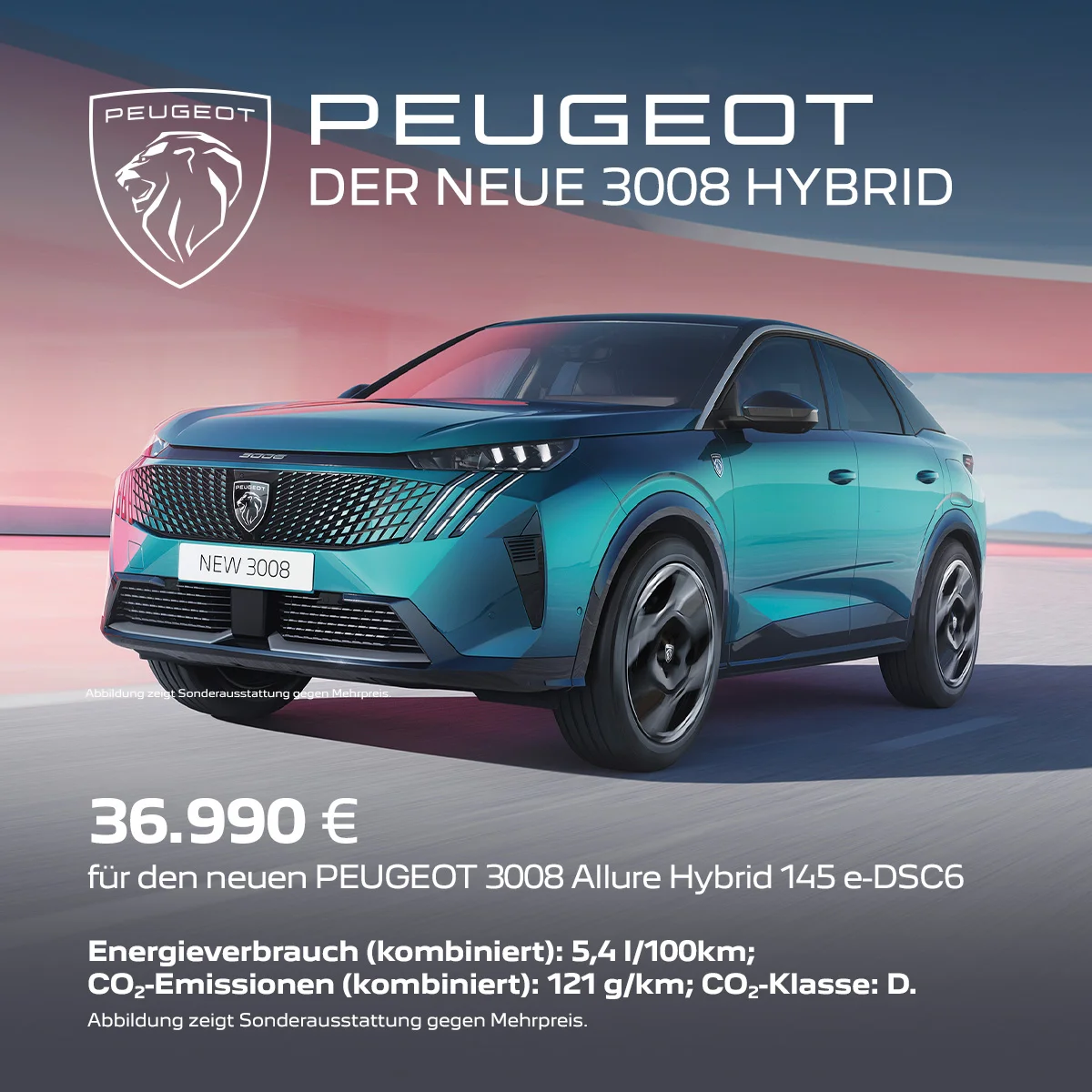 PEUGEOT 3008 Allure Hybrid – Der neue SUV mit Effizienz und Stil ab 36.990 € | Wahl-Group Neuer PEUGEOT 3008 Allure Hybrid in Türkis auf futuristischer Straße mit Preisangebot – Wahl-Group