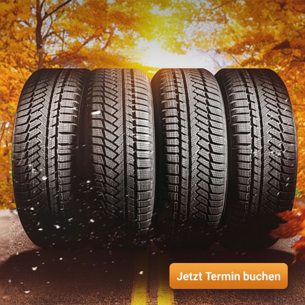 Reifenwechsel im Herbst – Jetzt Termin vereinbaren für sichere Fahrt | Wahl-Group Vier Herbstreifen auf Straße mit orangefarbenem CTA-Button „Jetzt Termin vereinbaren“ unten rechts | Wahl-Group