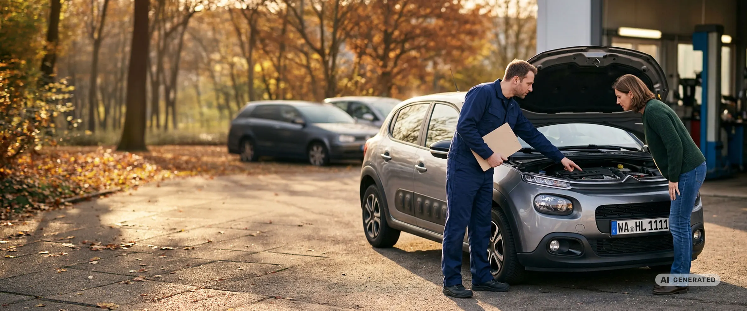 Ein Serviceberater und eine Kundin schauen gemeinsam in den geöffneten Motorraum eines Fahrzeugs, Herbstmorgen auf dem Vorplatz einer Werkstatt. Mit KI erstellt.