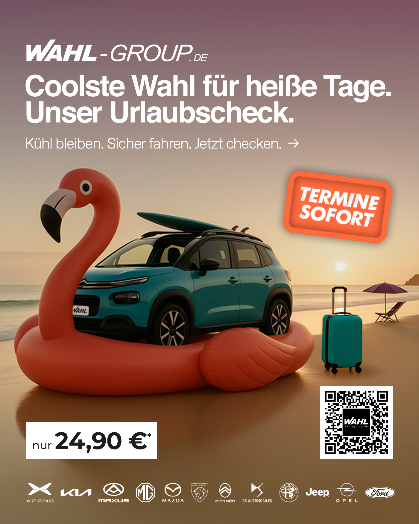 Fahrzeug am Strand in einem Flamingo-Schwimmring mit Urlaubscheck-Angebot für nur 24,90 € | Wahl-Group