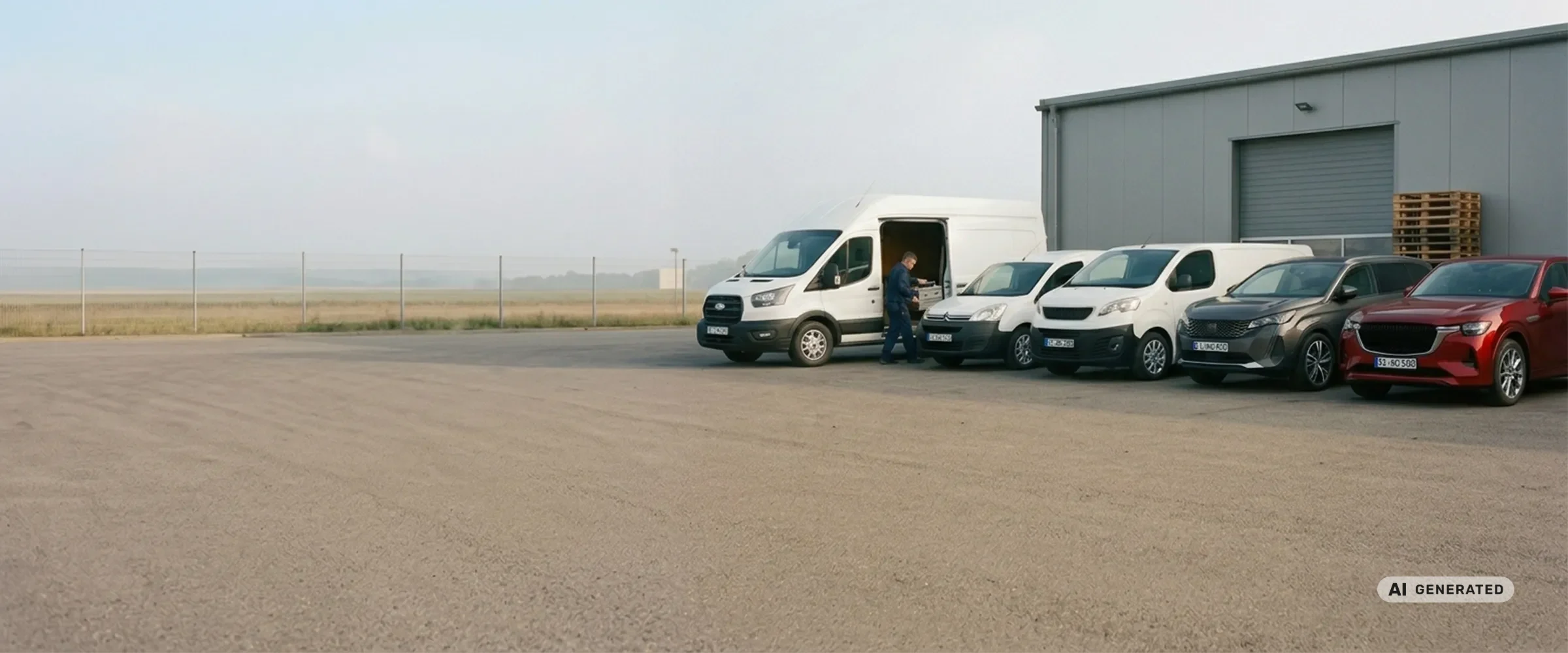 Fünf Fahrzeuge eines Handwerksbetriebs stehen am frühen Morgen nebeneinander auf einem Betriebshof, an einem Kastenwagen schiebt ein Mann in Arbeitskleidung eine Werkzeugkiste durch die geöffnete Seitentür. Mit KI erstellt.