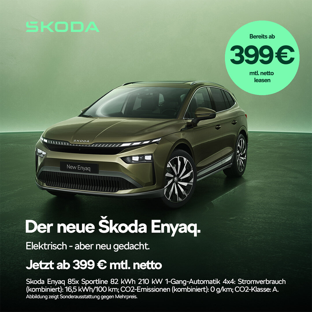 Škoda Enyaq 85x Sportline – Gewerbeleasing ab 399 € netto bei der Wahl-Group Škoda Enyaq in Olivgrün – Gewerbekundenangebot ab 399 € netto monatlich