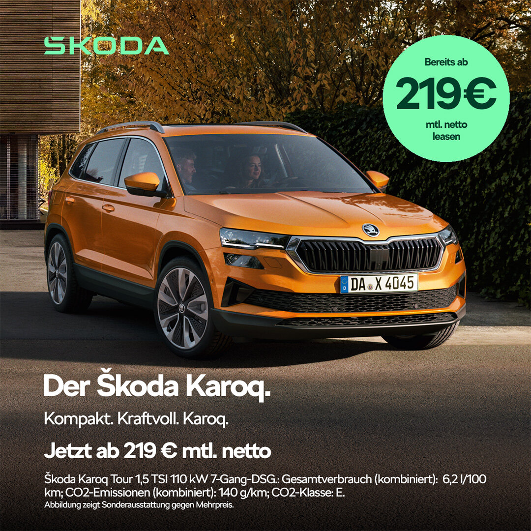Škoda Karoq Tour – Gewerbeleasing ab 219 € netto bei der Wahl-Group Škoda Karoq in Kupferorange – Kompakt-SUV Gewerbeangebot ab 219 € netto