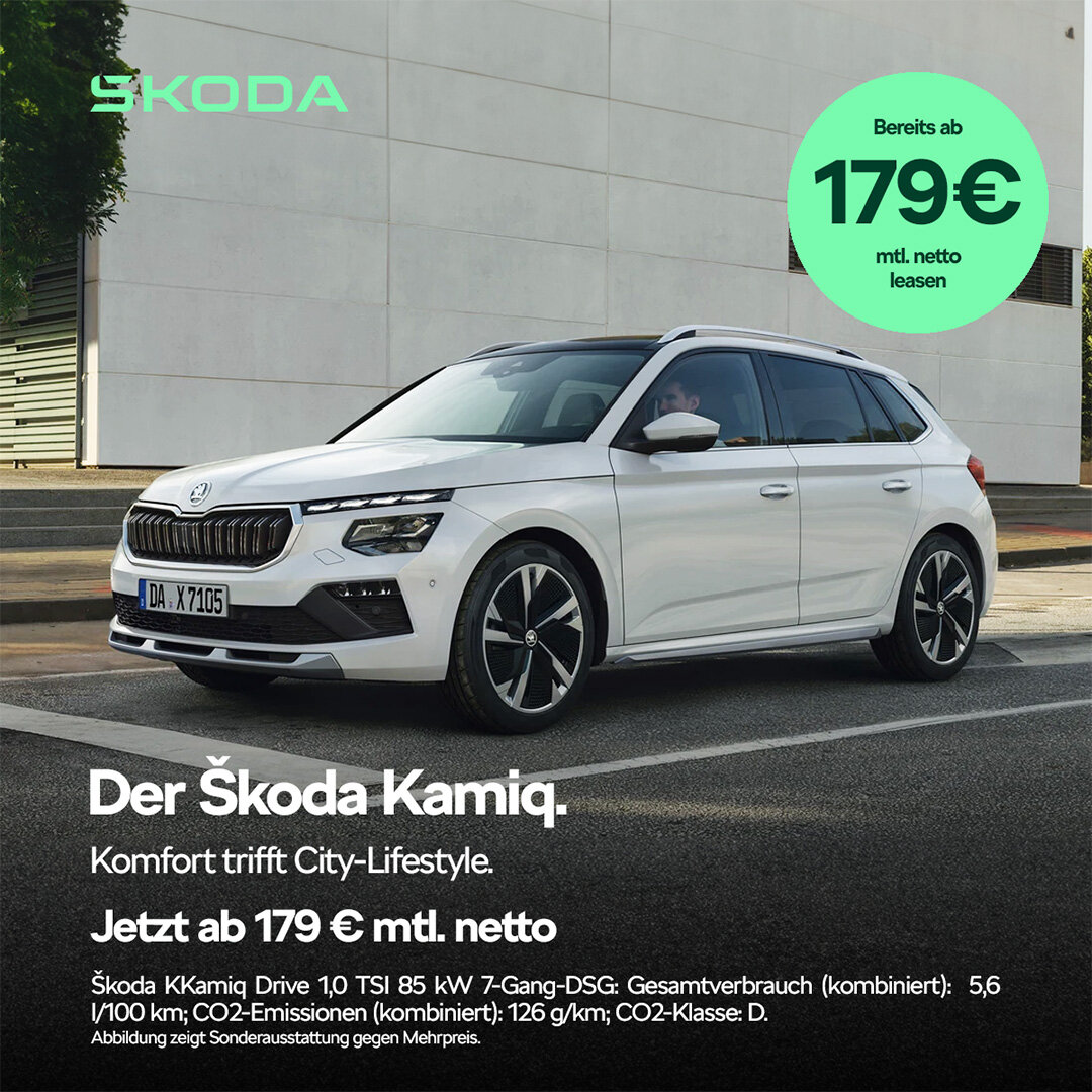 Škoda Kamiq Drive – Gewerbeleasing ab 179 € netto bei der Wahl-Group Škoda Kamiq in Weiß – City-SUV im Gewerbeleasing ab 179 € netto monatlich
