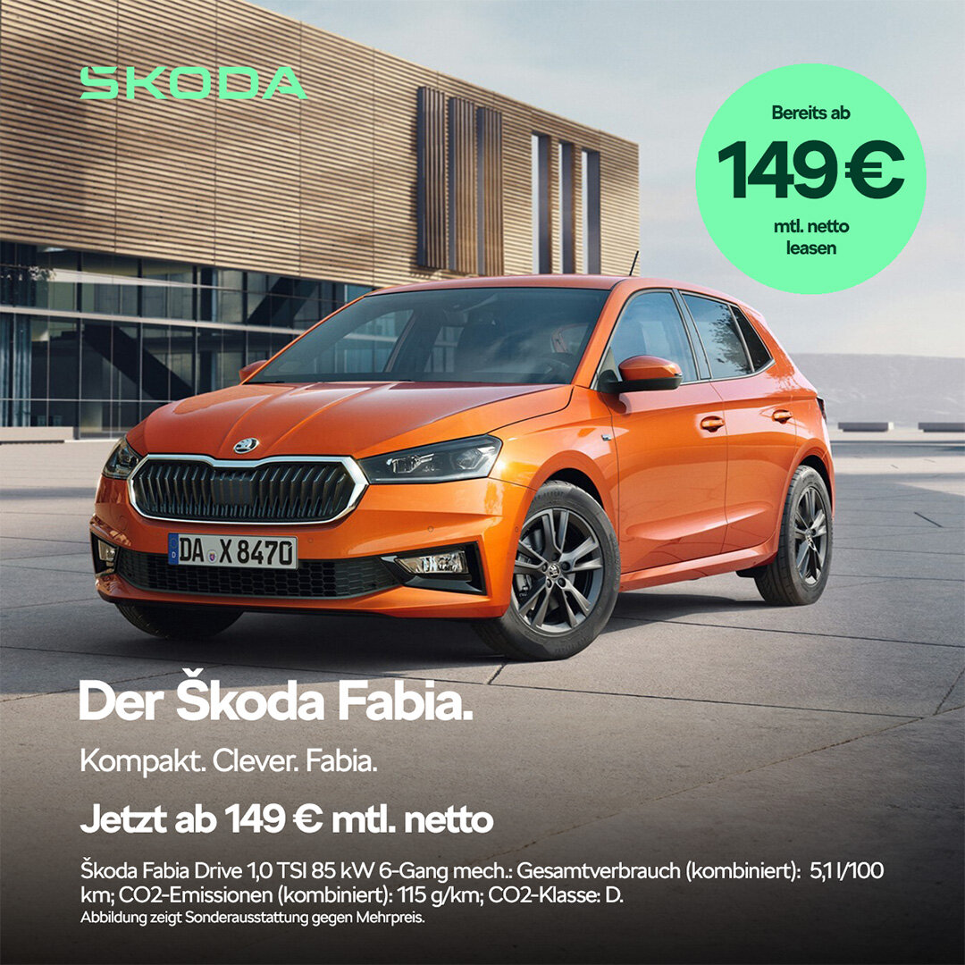 Škoda Fabia Drive – Gewerbeleasing ab 149 € netto bei der Wahl-Group Škoda Fabia in Orange – Kompaktwagen im Gewerbeleasing ab 149 € netto