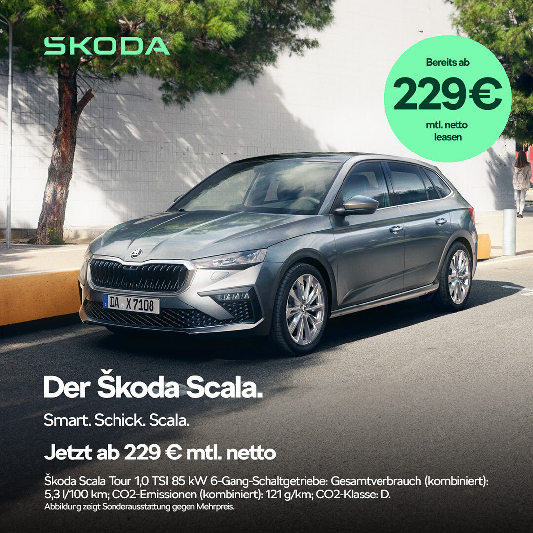 Škoda Scala Tour – Gewerbeleasing ab 229 € netto bei der Wahl-Group Škoda Scala in Grau – Kompaktklasse im Gewerbeleasing ab 229 € netto