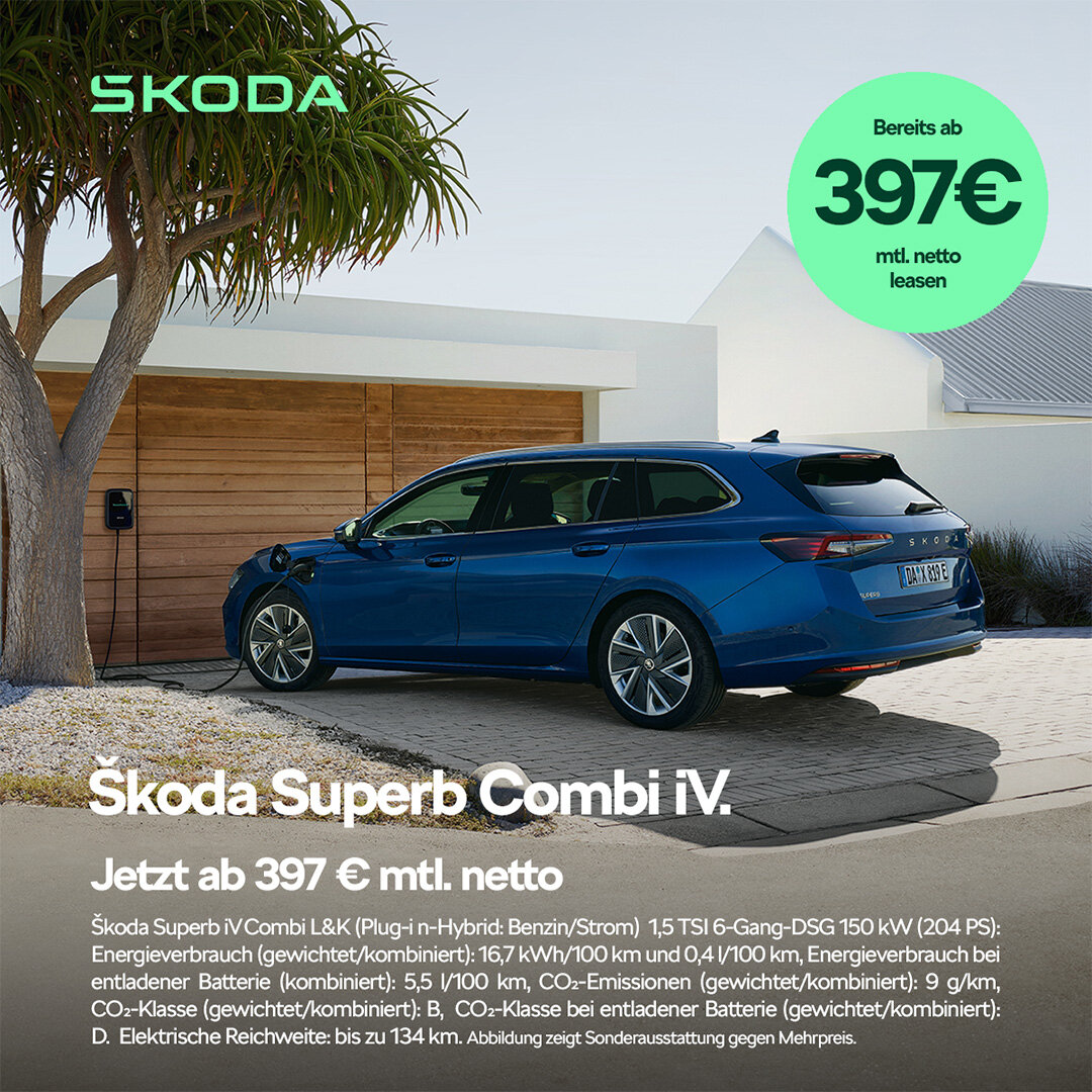 Škoda Superb Combi iV – Plug-in-Hybrid im Gewerbeleasing ab 397 € netto Škoda Superb Combi iV in Blau – Ladehybrid-Kombi im Gewerbeleasing ab 397 € netto