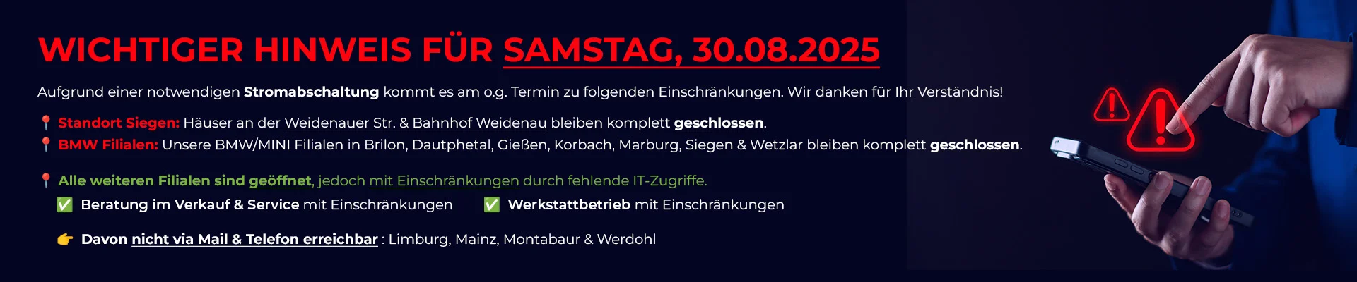 Wichtiger Hinweis Stromabschaltung Siegen am 30.08.2025 – Wahl-Group Hinweis zur Stromabschaltung am 30.08.2025 bei der Wahl-Group in Siegen und weiteren BMW/MINI Filialen