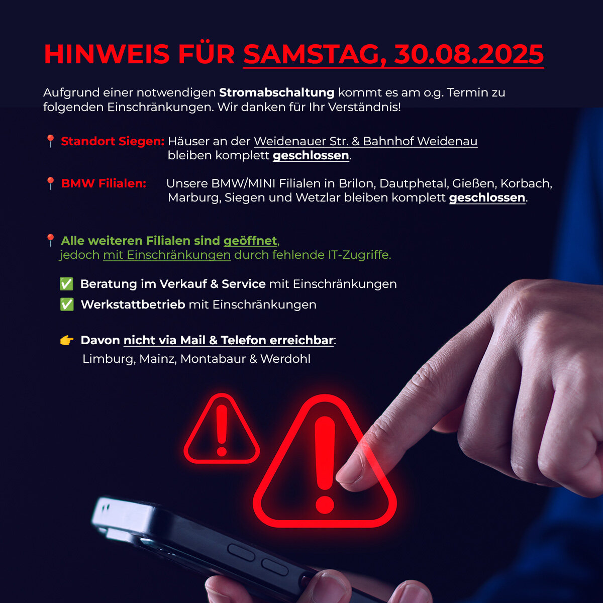 Stromabschaltung Siegen 30.08.2025 – Einschränkungen bei der Wahl-Group Information zu Einschränkungen durch Stromabschaltung am 30.08.2025 in Siegen und weiteren Standorten der Wahl-Group