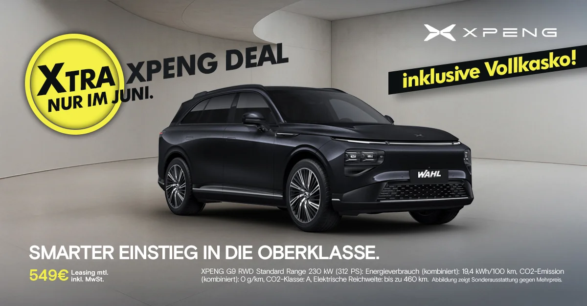 XTRA XPENG DEALS im Juni – Jetzt Top-Leasingangebote bei der Wahl-Group sichern XPENG G9 Elektrofahrzeug im Showroom – Juni-Specials bei der Wahl-Group mit exklusiven Leasingdeals