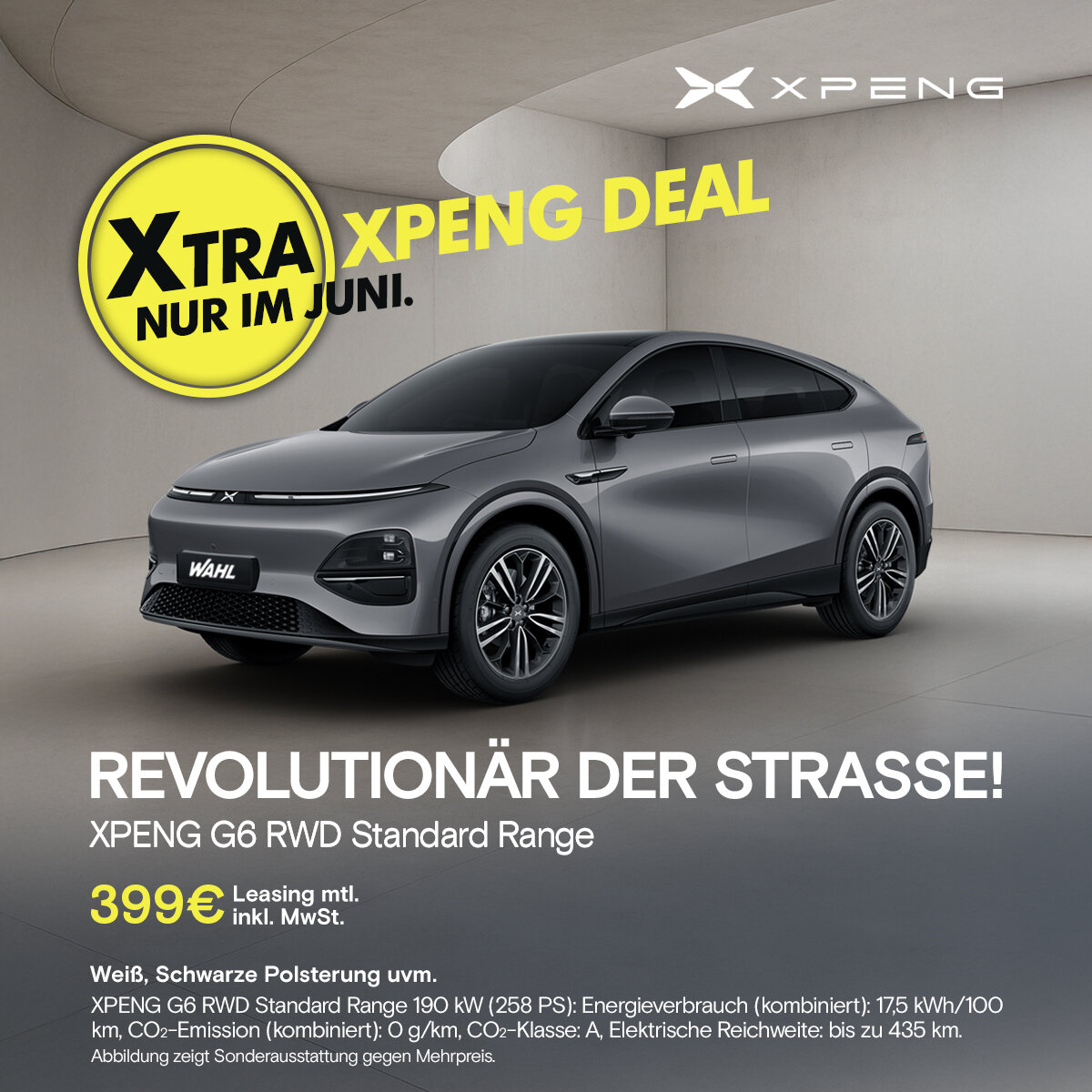 Xpeng G6 RWD Standard Range – Jetzt im Juni für 399 € leasen bei der Wahl-Group Grauer Xpeng G6 RWD Standard Range – Elektro-SUV im Juni-Leasingangebot für 399 € monatlich bei der Wahl-Group