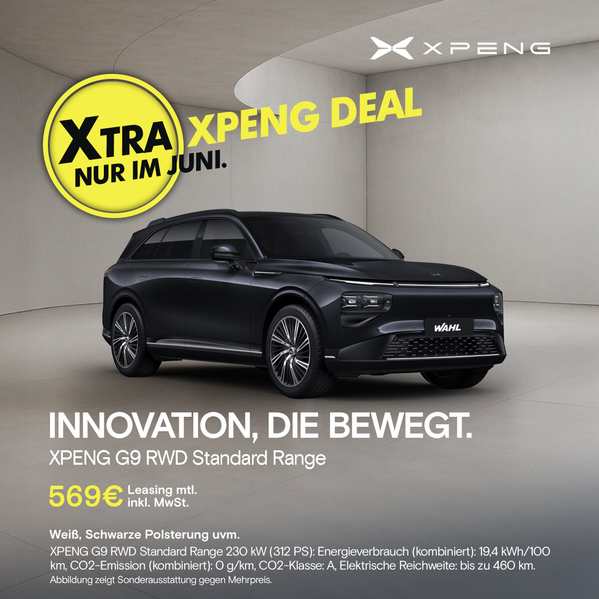 XPENG G9 RWD Standard Range – Juni-Angebot für 569 € Leasing bei der Wahl-Group Schwarzer XPENG G9 RWD Standard Range im Juni-Leasingangebot für 569 € monatlich bei der Wahl-Group