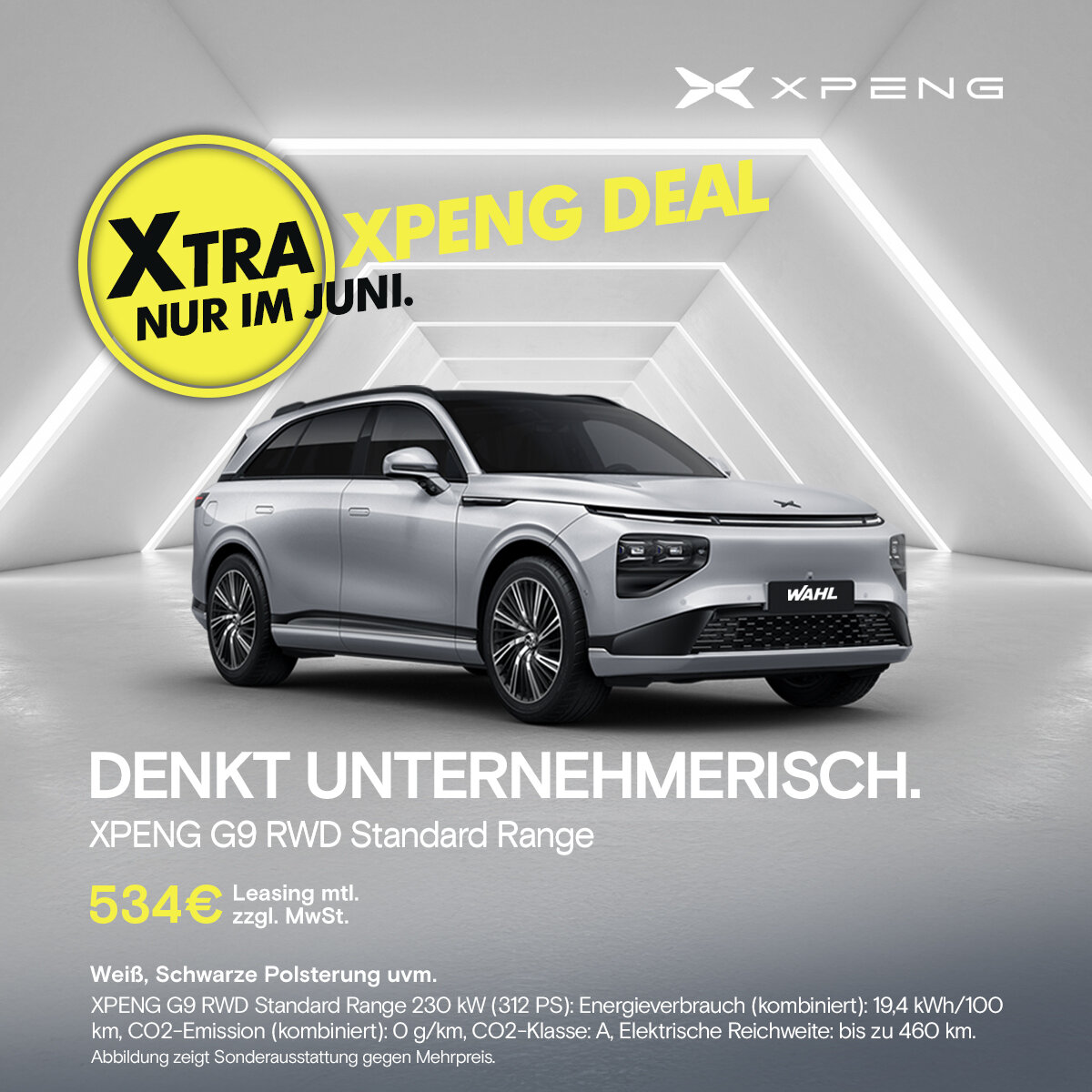 XPENG G9 RWD Standard Range – Gewerbeleasing ab 534 € im Juni bei der Wahl-Group Silberner XPENG G9 RWD Standard Range im Gewerbeleasing-Angebot für 534 € zzgl. MwSt. bei der Wahl-Group im Juni