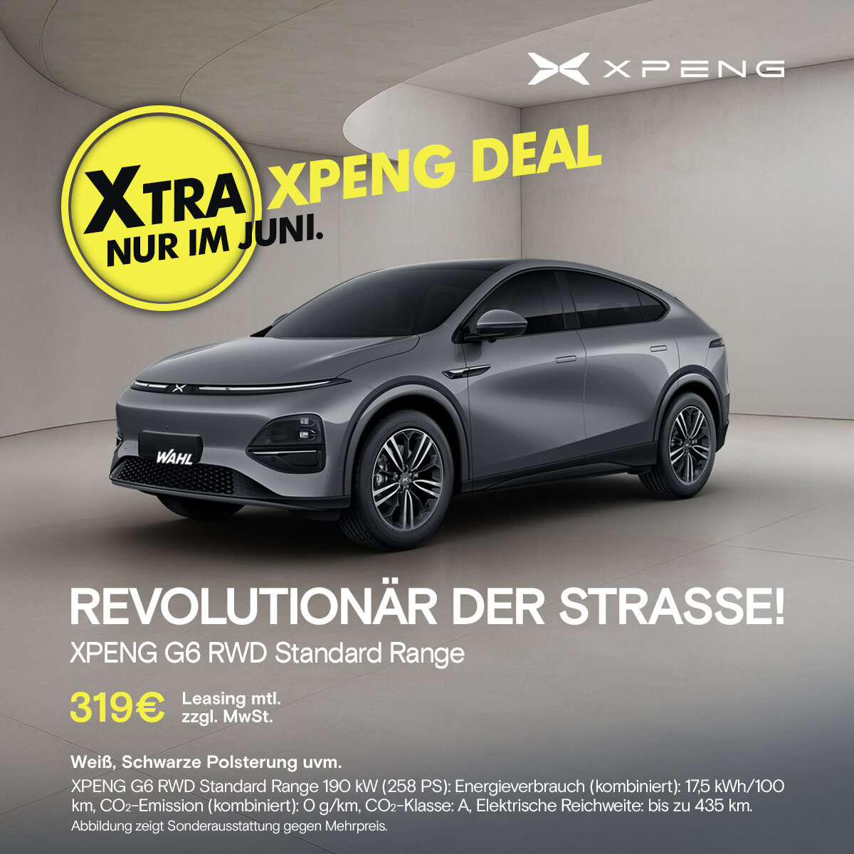 XPENG G6 RWD Standard Range – Gewerbeleasing ab 319 € zzgl. MwSt. im Juni bei der Wahl-Group Grauer XPENG G6 RWD Standard Range im Juni-Angebot für Gewerbekunden: Leasing ab 319 € monatlich zzgl. MwSt. bei der Wahl-Group