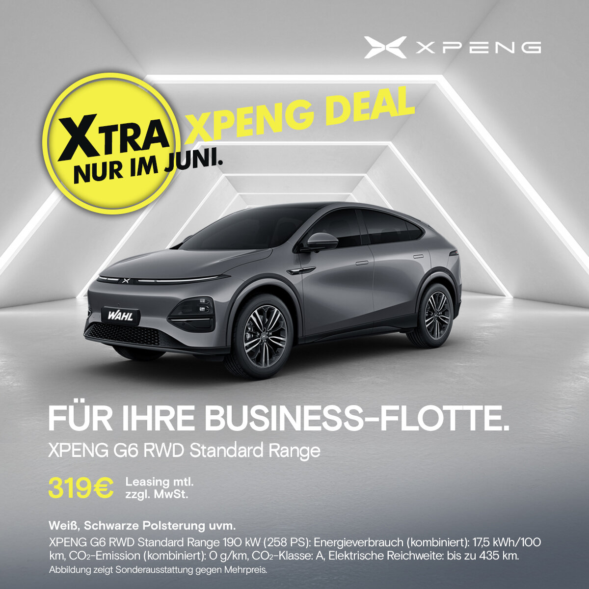 Grauer XPENG G6 RWD Standard Range – Elektro-SUV im Juni-Leasingangebot für 399 € monatlich bei der Wahl-Group