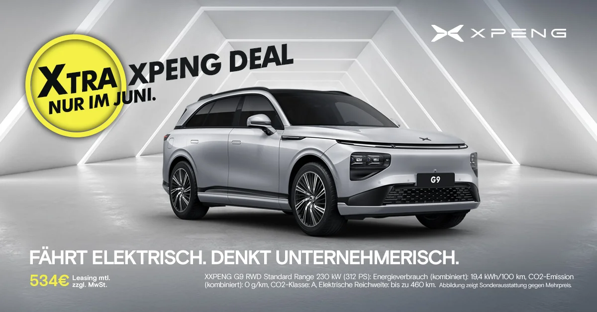 XTRA XPENG DEALS im Juni – Jetzt Top-Leasingangebote bei der Wahl-Group sichern XPENG G9 Elektrofahrzeug im Showroom – Juni-Specials bei der Wahl-Group mit exklusiven Leasingdeals
