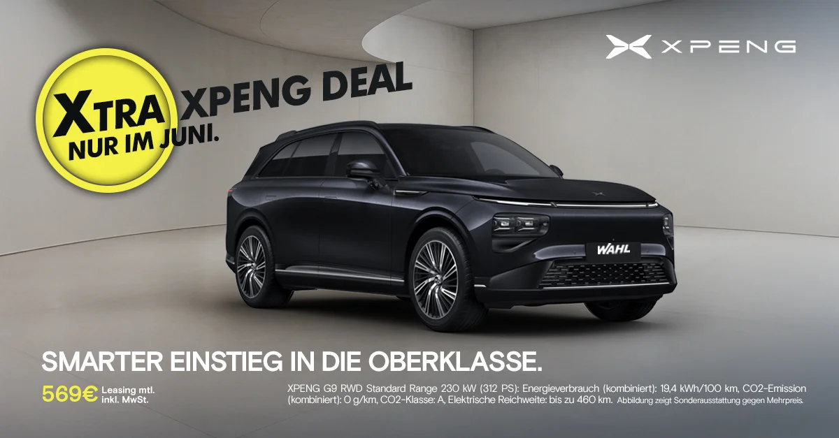 XTRA XPENG DEALS im Juni – Jetzt Top-Leasingangebote bei der Wahl-Group sichern XPENG G9 Elektrofahrzeug im Showroom – Juni-Specials bei der Wahl-Group mit exklusiven Leasingdeals