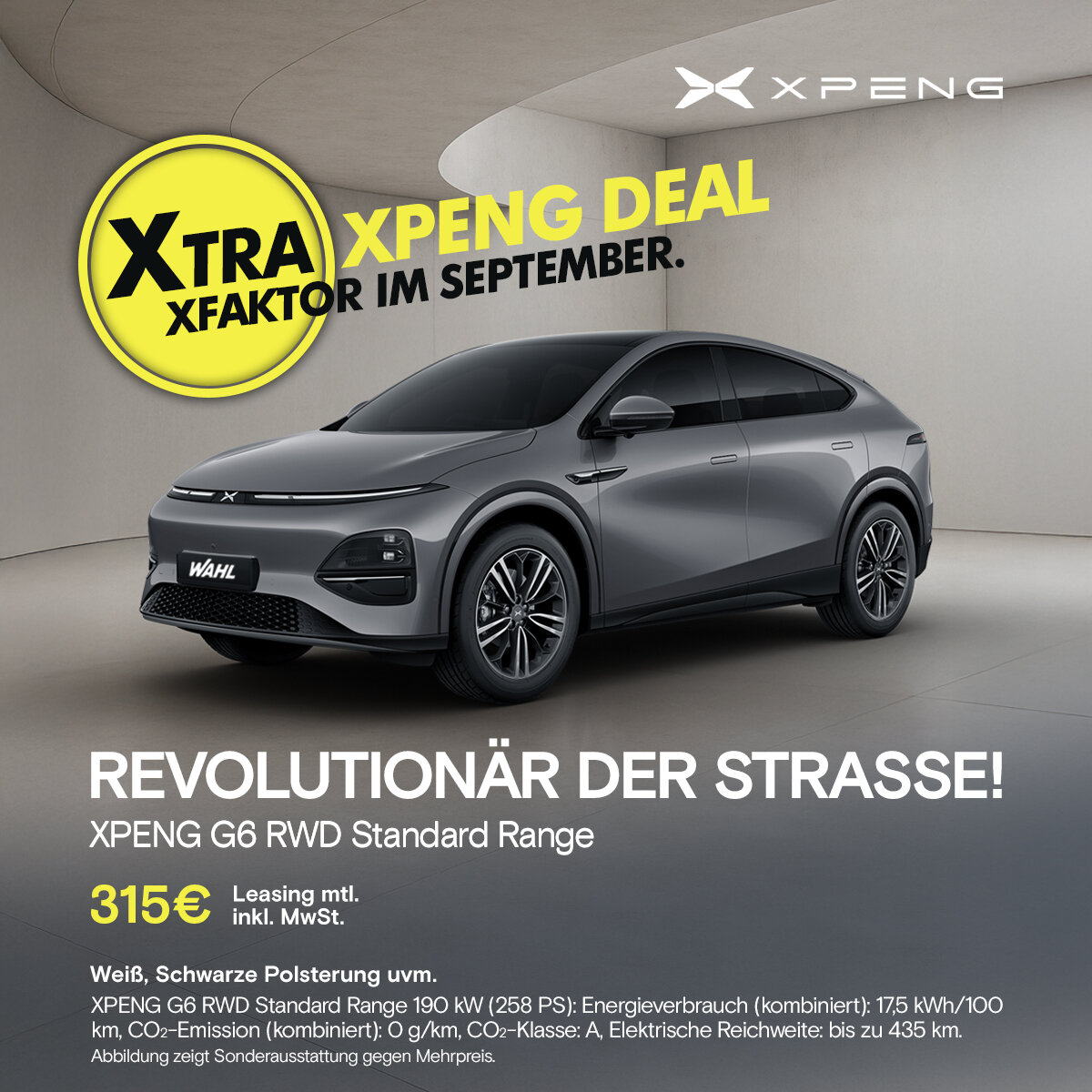 XPENG G6 Standard Range Privatleasing ab 315 € mtl. bei der Wahl-Group XPENG G6 RWD Standard Range Leasingangebot Wahl-Group September 2025