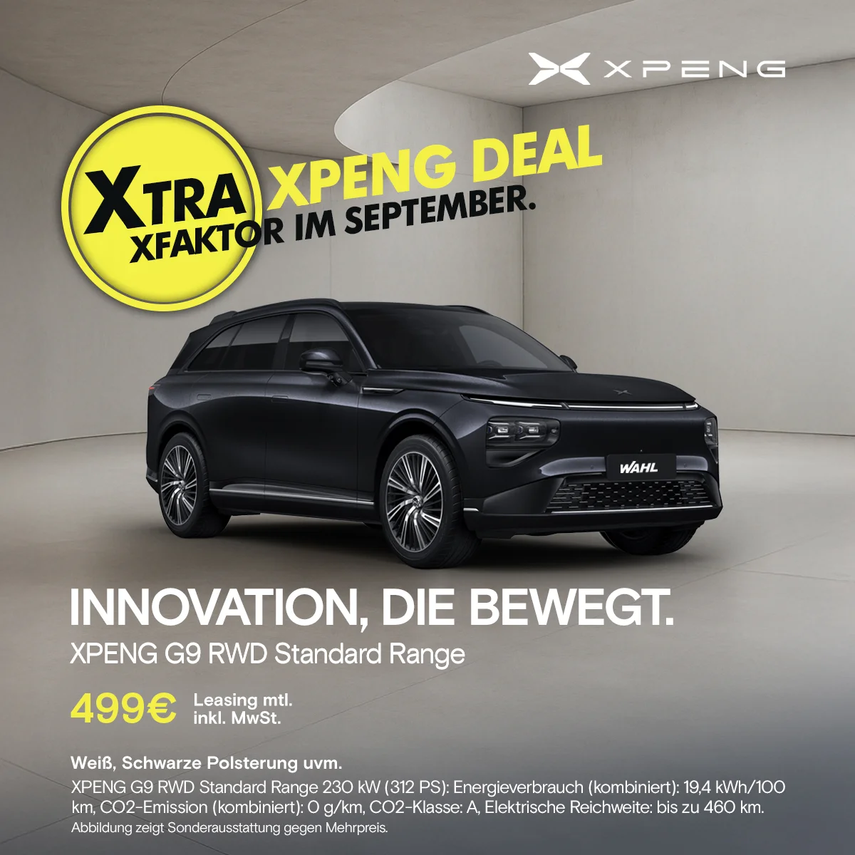 XPENG G9 Standard Range Privatleasing ab 499 € mtl. bei der Wahl-Group XPENG G9 RWD Standard Range Leasingangebot Wahl-Group September 2025