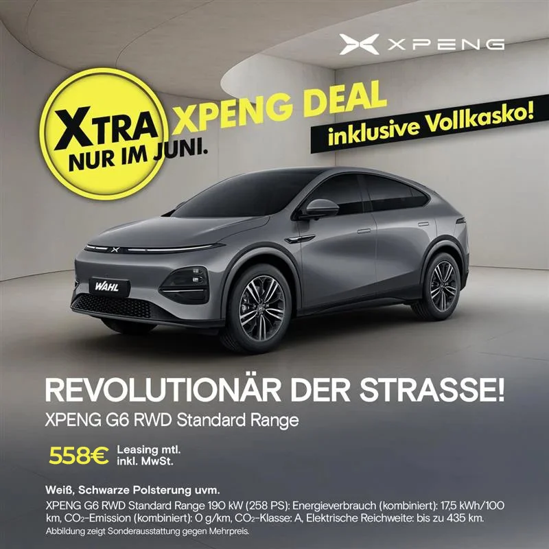 XPENG G6 Standard Range Leasingangebot | Wahl Group Juni 2025 XPENG G6 RWD Standard Range in Grau, beworben mit einem Leasingdeal der Wahl Group für 558€/Monat im Juni, inklusive Vollkasko.