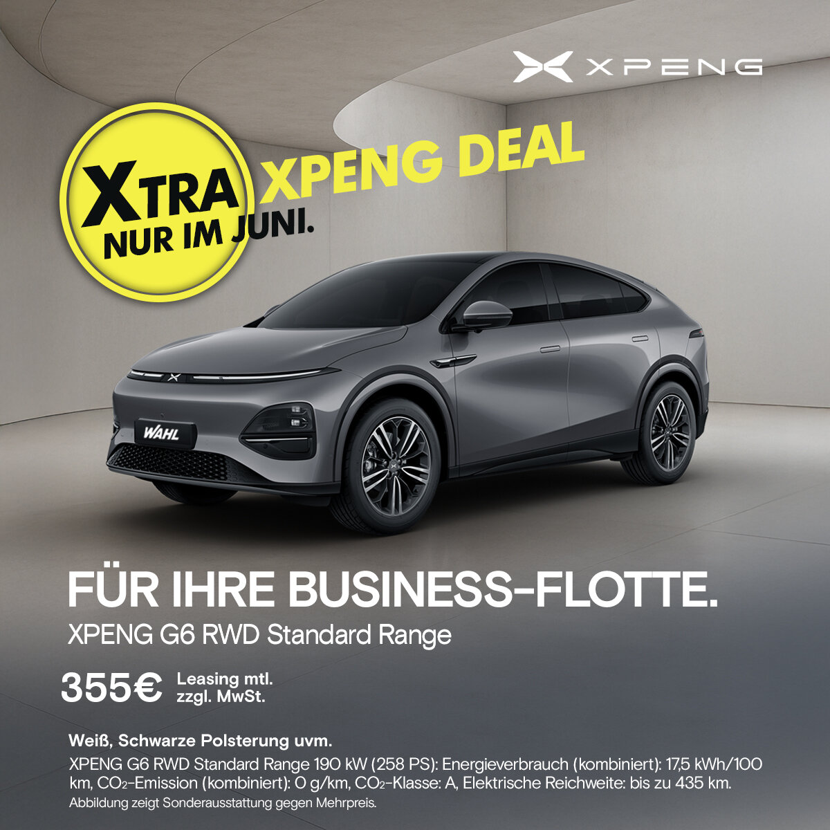 XPENG G6 Gewerbeleasing | nur 355€ netto mtl. | Business-Flotten Deal bei Wahl-Group Der XPENG G6 im XTRA DEAL für Business-Flotten: Gewerbeleasing des Elektro-SUVs bei der Wahl-Group für nur 355€ netto monatlich.